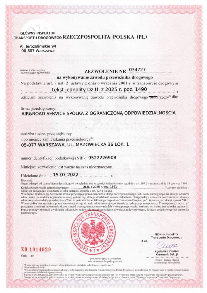 Permit to Pursue the Occupation of Road Transport Operator